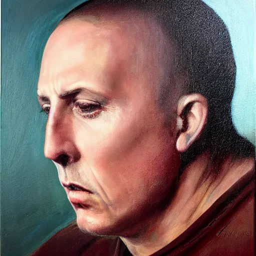 Image similar to stunning serene portrait of Maynard James Keenan singing into a hairbrush, by Mark Arian, oil on canvas, masterpiece, realism, piercing gaze, mercurial bokeh