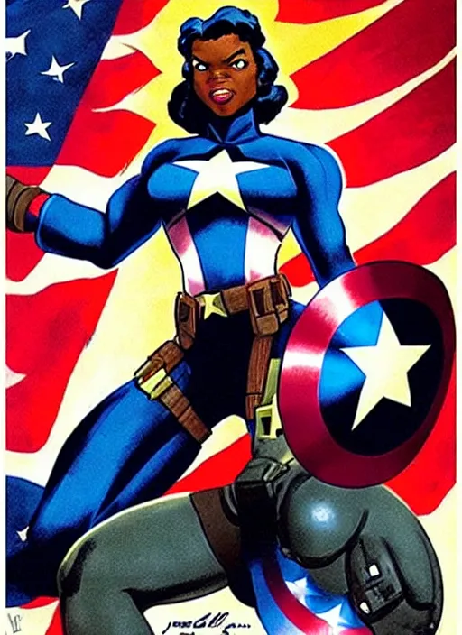 Image similar to beautiful black female captain america. afro - feminist captain america wins wwii. american wwii propaganda poster by james gurney, rob liefeld and pixar. gorgeous face. overwatch, realistic. black power