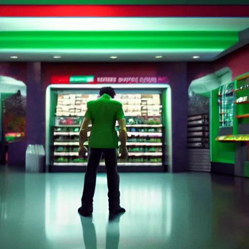 Prompt: the incredible hulk working as a 7/11 cashier and wearing a uniform, macro, wide shot, dramatic lighting, octane render, hyperrealistic, HD