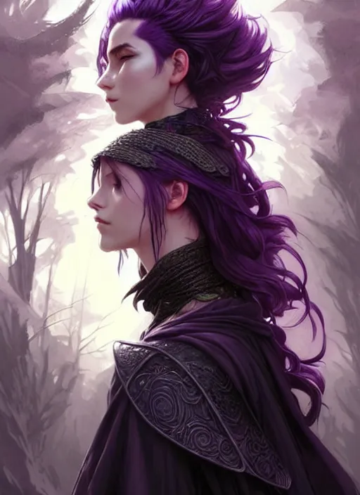 Image similar to side portrait rugged girl, adventurer outfit large cloak, fantasy forest landscape, dragon scales, fantasy magic, undercut hairstyle, short purple black fade hair, dark light night, intricate, elegant, sharp focus, illustration, highly detailed, digital painting, concept art, matte, art by wlop and artgerm and greg rutkowski and alphonse mucha, masterpiece
