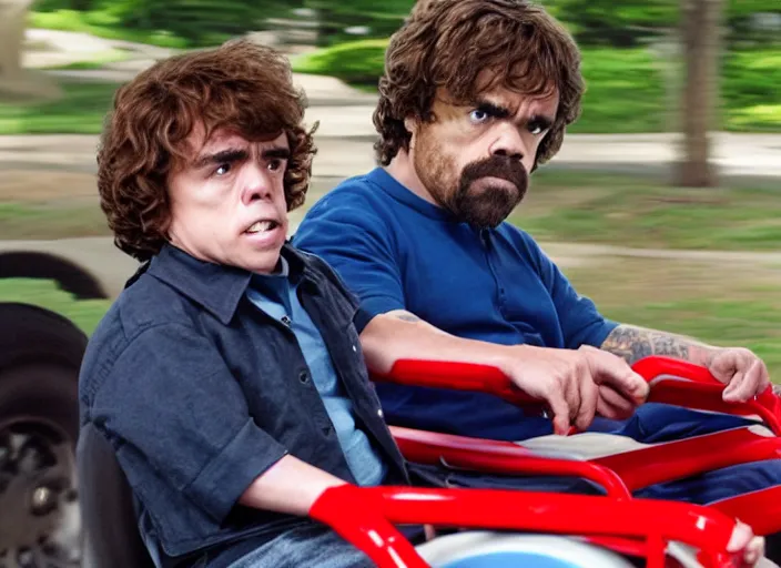 Image similar to peter dinklage racing gary coleman driving a little tikes cars, movie still, from the new fast and furious movie, 8 k, realistic