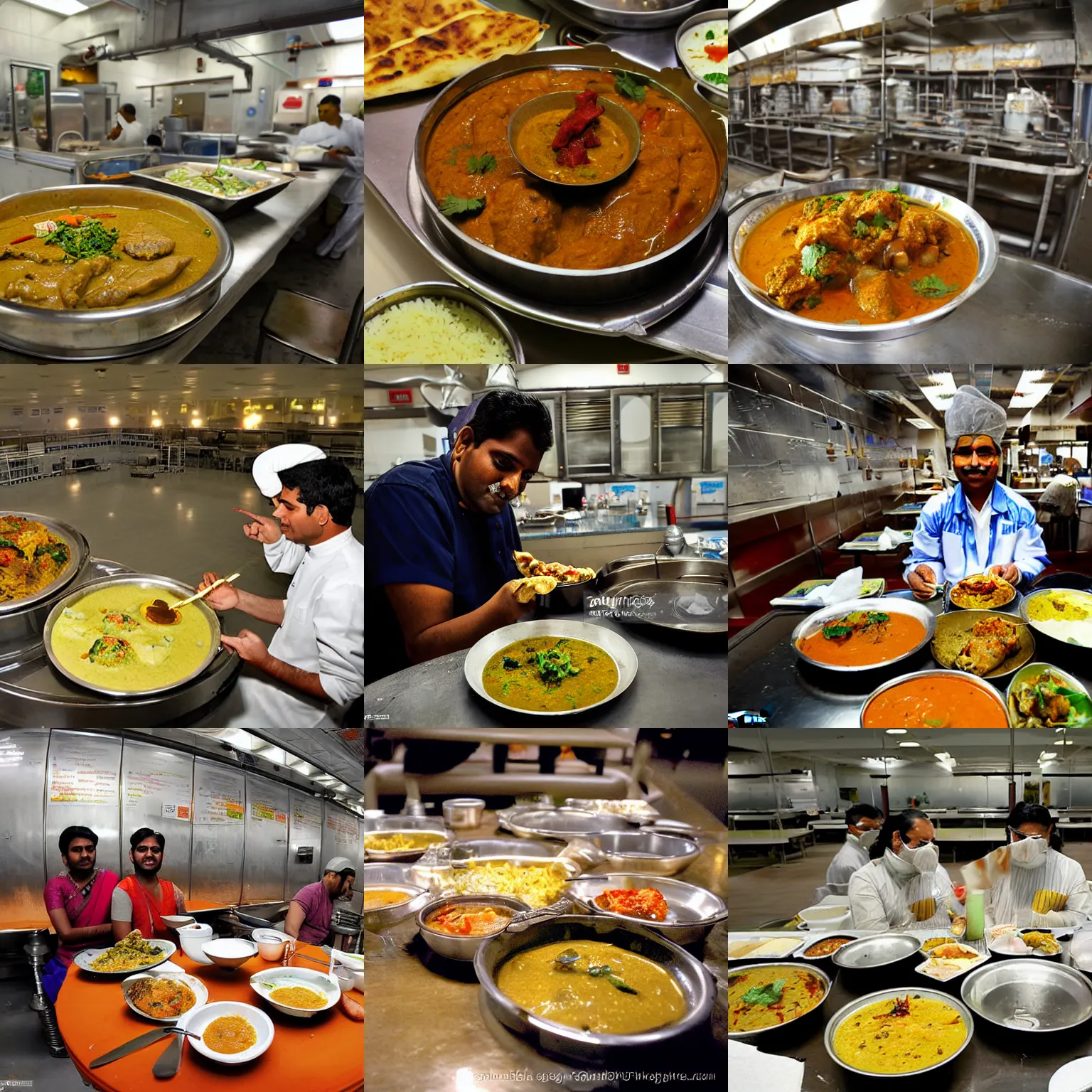 Prompt: delicious indian food inside meltdown nuclear power plant. photograph.