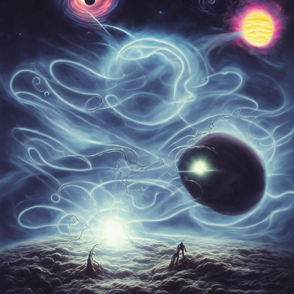 Prompt: giant celestial mosnter levitating a solar system between it's tentacles, peter mohrbacher, space, black hole, planet, clouds, nebula, creature, alien, apocaplypse, destruction, demon, archmage, wizard, tower, castle, colorful, high constrast, lens flare, oil painting, detailed, 4 k, 8 k