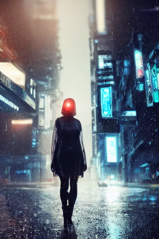 Prompt: a street level, low angle, photograph of a woman with robotic prosthetics in a clear, transparent raincoat, in a futuristic, blade runner city with heavy atmosphere. Volumetric light. Rainfall. Dystopic. Evening, neon lights. 8k. Filmic. Highly detailed. Octane render.