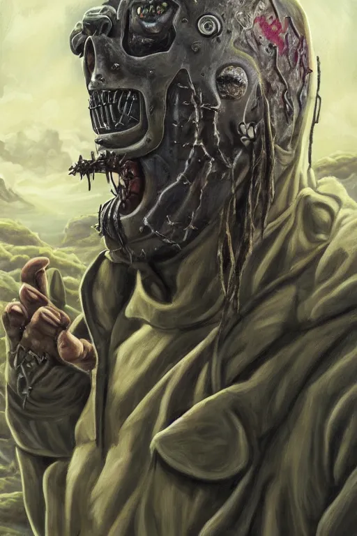 Image similar to a full body high detail fantasy portrait oil painting illustration of slipknot band by justin sweet with face and body clearly visible, in a scenic background, insane, realistic proportions, d & d, rpg, forgotten realms, artstation trending, high quality, sombre mood, artstation trending, muted colours, entire person visible!