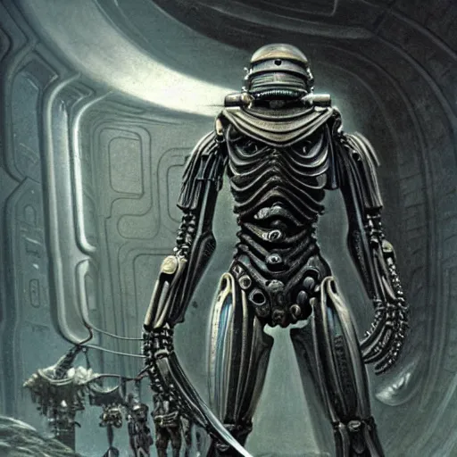 Image similar to still frame from Prometheus movie by giger, necron lord editorial by Malczewski, biomechanical armoured knight by Wayne Barlowe