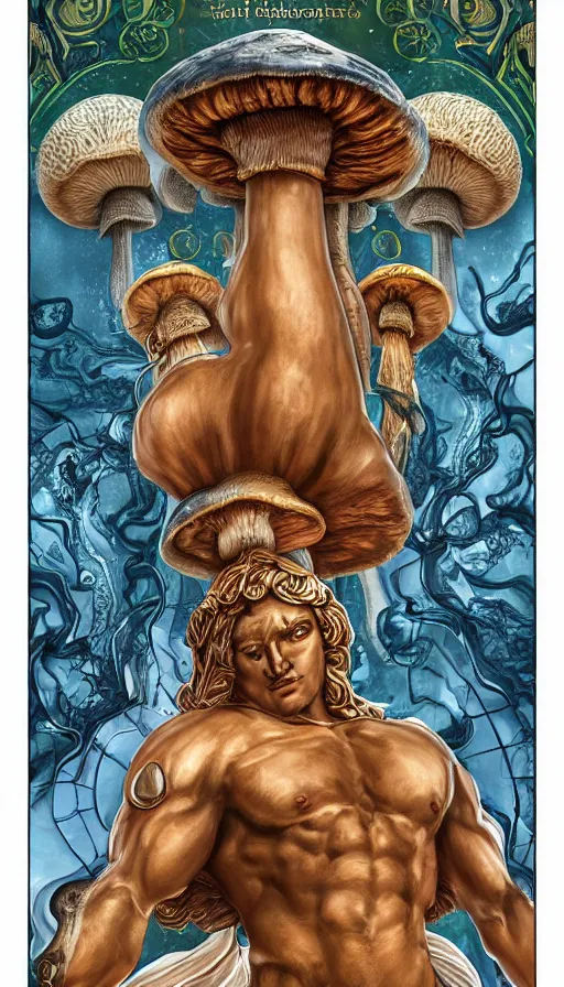 Image similar to a masterpiece hyperdetailed dnd tarot card, magnificent mushroom deity as depicted in a colossal greek marble statue ( with godlike bodybuilder physique ), hd tarot card depicting monumental statue of a mushroom god with cute large mushroom hat, hdr, 8 k, artstationhq, digital art