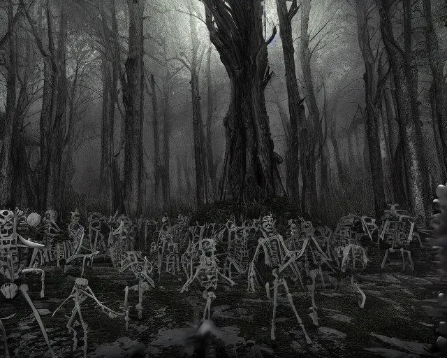 Prompt: an epic action concept masterpiece of a forest made of skeletons, inspired by sd ai. horrific digital art, extremely moody lighting