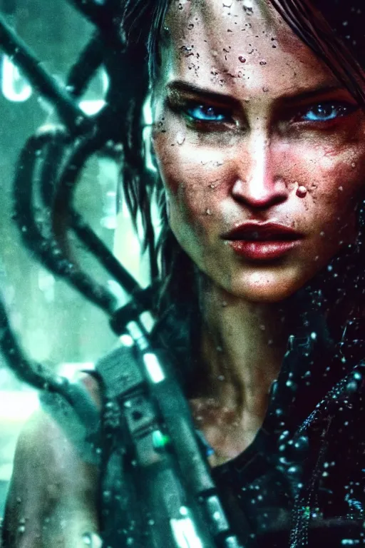 Image similar to cinestill 5 0 d candid action photographic portrait by quentin tarantino of lara croft wearing rugged black mesh techwear in treacherous waters, extreme closeup, modern cyberpunk retrofuturism moody emotional cinematic, pouring iridescent rain, 8 k, hd, high resolution, 3 5 mm, f / 3 2, motion blur, ultra realistic faces, ex machina 8 k