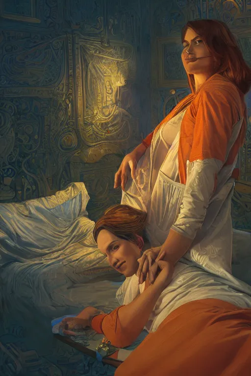 Image similar to portrait of tinfoil hat man in orange t - shirt hugging from behind his wife in a bed, feelings, romantic, fantasy, intricate, elegant, highly detailed, digital painting, artstation, concept art, smooth, sharp focus, illustration, art by artgerm and greg rutkowski and alphonse mucha