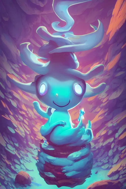 Image similar to smurf ghost creature animal sushi cristal very big eye roots cactus elemental flush of force nature micro world fluo fishscale, behance hd by jesper ejsing, by rhads, makoto shinkai and lois van baarle, ilya kuvshinov, rossdraws radiating a glowing aura global illumination ray tracing hdr