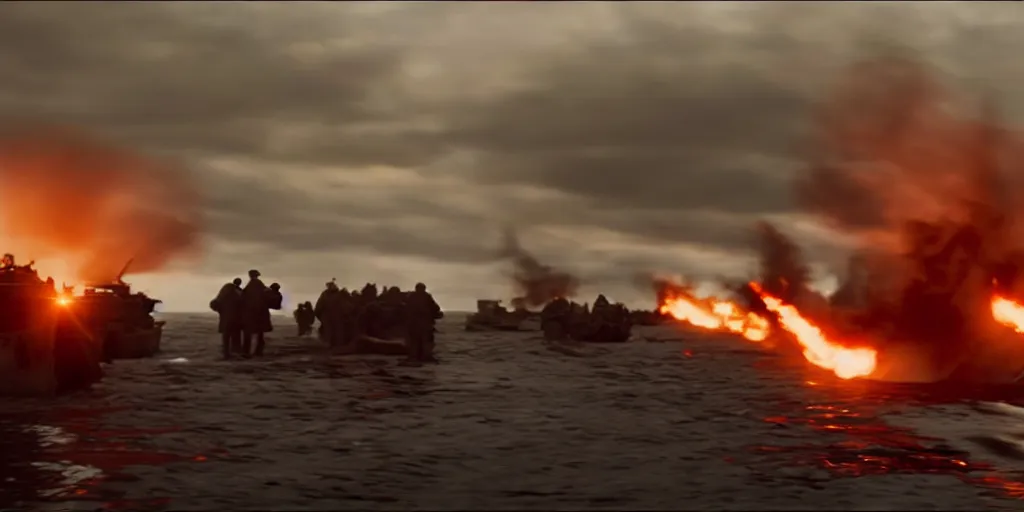 Image similar to a photorealistic film still from dunkirk by roger deakins - a destroyed city, 3 5 mm lens, early morning, dramatic lighting, cinematography, sunset red and orange, cinematic, global illumination, highly detailed, photorealistic