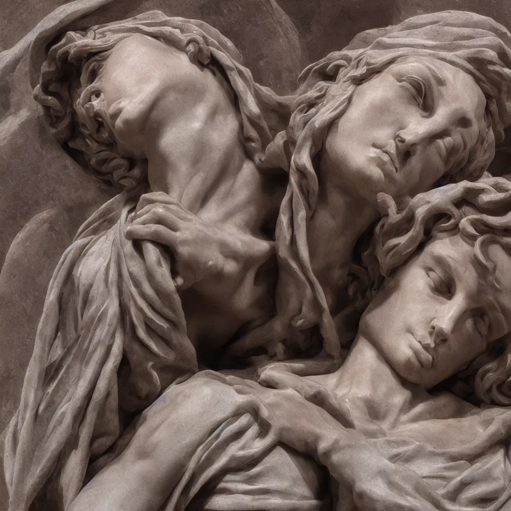 Image similar to bust sculpture of Gal Gadot as pieta, by Michelangelo, photorealism