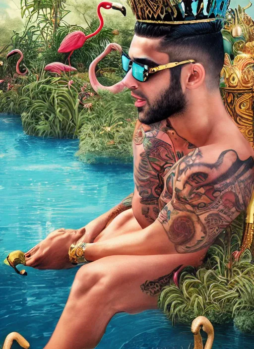 Prompt: muscular Atlantean king Zayn Malik grinning and wearing cholo sunglasses and a heavy bejeweled gold crown reclining poolside with a beautiful flamingo, tigers resting, steelpunk, ghibli studio, nekro, Tom Bagshaw, Craig Mullins, octane 8k, by brian froud, Trending on ArtStation