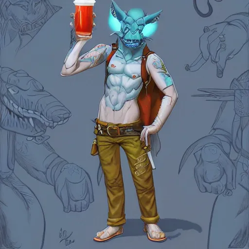 Image similar to dungeons & dragons character render, blue gray gatorfolk holding a tikka drink, wearing hawaiian shirt, artwork by ross tran and ilya kuvshinov