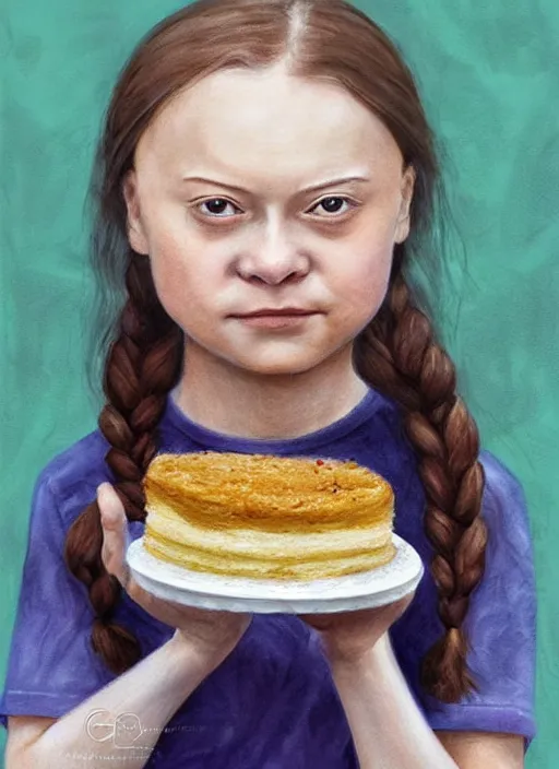 Image similar to greta thunberg eating cakes painted by nicoletta ceccoli, detailed digital art, trending on Artstation