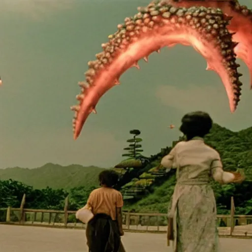 Image similar to a couple escaping from a giant Kaiju Starfish Monster over a traditional Korean village, minimal cinematography by Akira Kurosawa, movie filmstill, film noir, thriller by Kim Jong-il and Shin Sang-ok