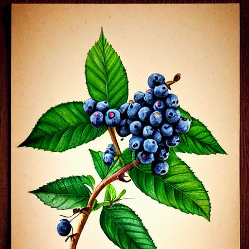 Prompt: botanical drawing of blueberry bush. Traditional art. Rustic. Nordic. Trending on artstation. Detailed. Bushy. Nature. Artistic.