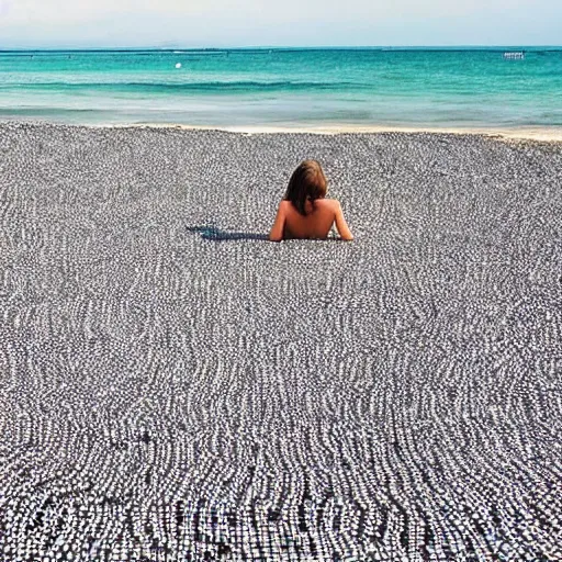 Image similar to young woman sunbathing on a beach made of thousands of nails, screws and other metal tools