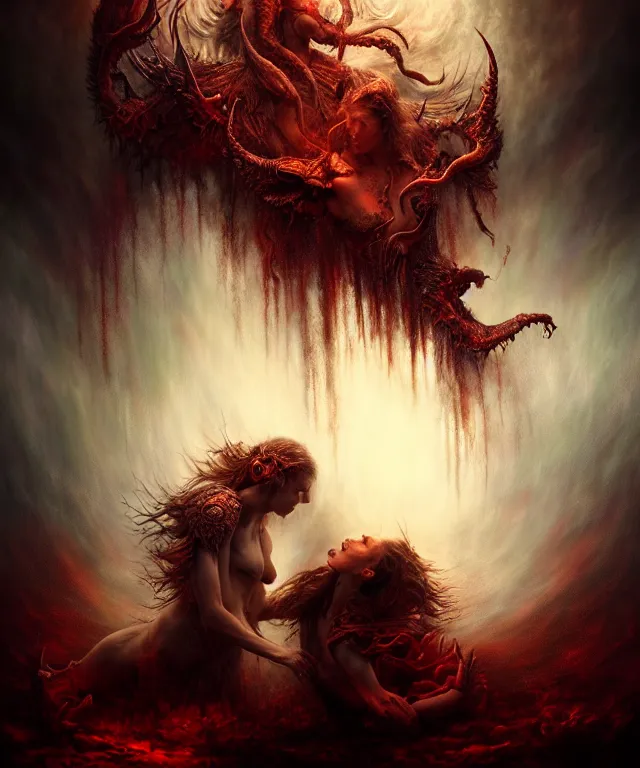 Image similar to epic professional digital art the war between heaven and hell, horrific yet beautiful vibe, evocative, atmospheric lighting, painted, intricate, highly detailed, by leesha hannigan, wayne haag, reyna rochin, ignacio fernandez rios, mark ryden, iris van herpen, artstation, cgsociety, stunning, gorgeous, sharp focus, cinematic, masterpiece