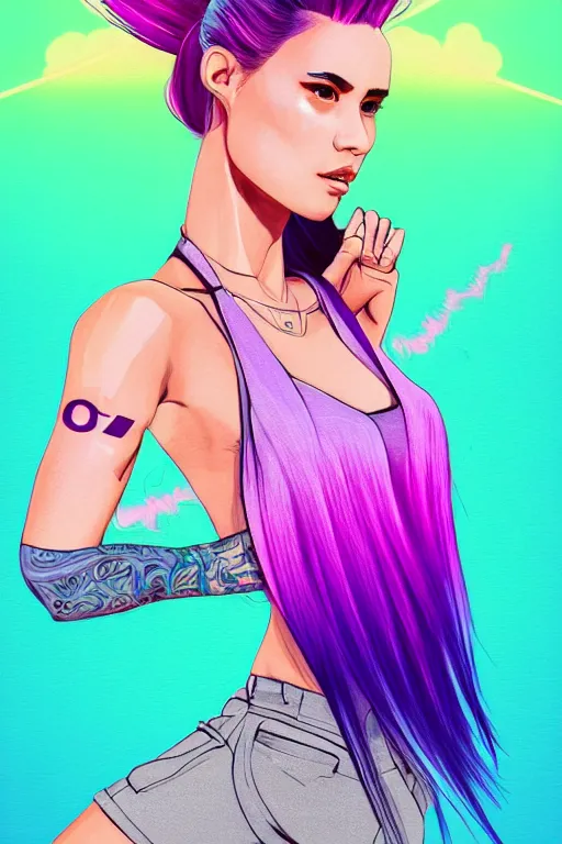 Image similar to a award winning half body porttrait of a beautiful woman in a croptop and cargo pants with ombre purple pink teal hairstyle with head in motion and hair flying, outrun, vaporware, shaded flat illustration, digital art, trending on artstation, highly detailed, fine detail, intricate