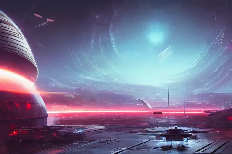 Prompt: a distant futuristic military installation, on the horizon, sleek, menacing, glowing lighting and neon signs, Raymond Swanland and Jessica Rossier nebula like clouds in space background near a ringed gas giant, hyper detailed hyper detailed, 8k, ultra realistic, cinematic lighting, ultra wide 35mm lens, Boeing Concept Art, Lockheed concept art