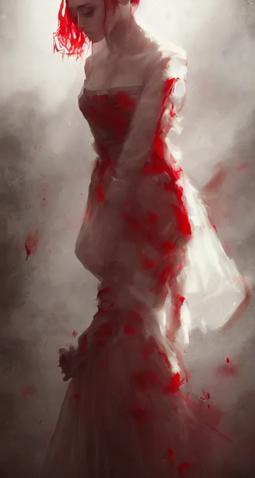 Prompt: A beuatiful portrait of a women in white and red dress by Greg Rutkowski, Sung Choi, Mitchell Mohrhauser, Maciej Kuciara, Johnson Ting, Maxim Verehin, Peter Konig, Bloodborne, 8k photorealistic, cinematic lighting, HD, high details, dramatic, dark atmosphere, trending on artstation