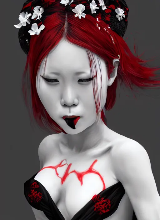 Image similar to albino maiko horror contortionist, red white and black, concept art, ambient light, 4 k, intricate details, highly professionally detailed, cgsociety, highly detailed -
