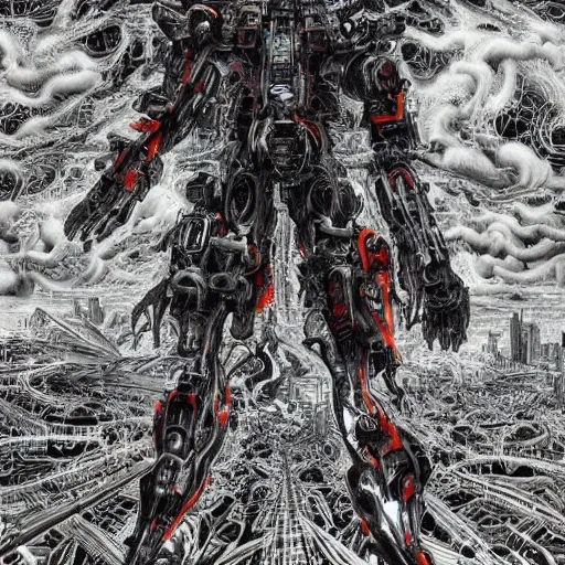 Prompt: mecha from hell, wind, hell machine, by nekro godmachine victo ngai yoji shinkawa junji ito shintaro kago apophasis hyperrealism, ominous, dark powers hellscape vibrant death colors oil dripping, insanity wires, schizophrenic machine dream, god complex, lucifer robot, incredible, huge, cityscape destruction,