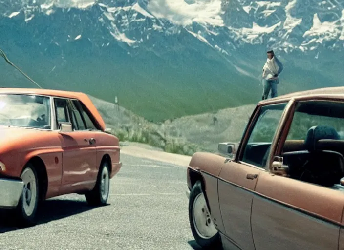 Image similar to a very high resolution image from a new movie, eminem driving a car. mountains, directed by wes anderson