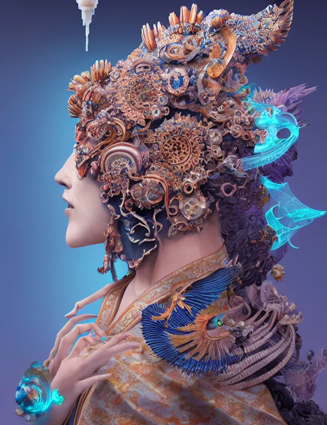 Image similar to 3 d goddess in robe close - up profile portrait with ram skull. beautiful intricately detailed japanese crow kitsune mask and clasical japanese kimono. betta fish, jellyfish phoenix, bio luminescent, plasma, ice, water, wind, creature, artwork by tooth wu and wlop and beeple and greg rutkowski