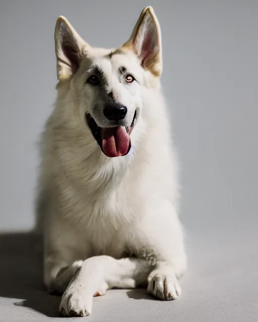 Prompt: An extremely dynamic studio photo of a white German Shepherd dog, bokeh, 90mm, f/1.4