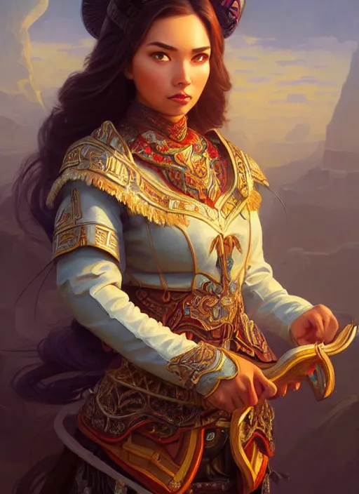 Image similar to portrait of russian mexican asian girl jodhpurs hyperborea lemuria, deep focus, d & d, fantasy, intricate, elegant, highly detailed, digital painting, artstation, concept art, matte, sharp focus, illustration, hearthstone, art by rhads by artgerm and greg rutkowski and alphonse mucha