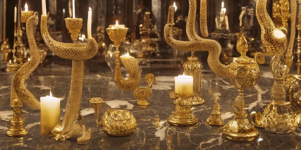 Image similar to snake with gold and silver pattern on a marble floor, candles and intricate candlesticks, by Andres Rios, H 576