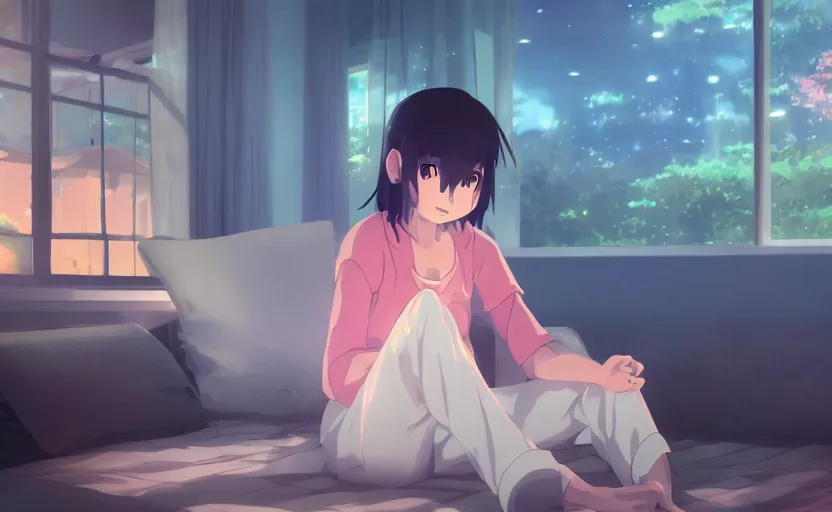 Prompt: a girl in her pajamas playing video games, anime scene illustrated by Makoto Shinkai, 4k, digital art