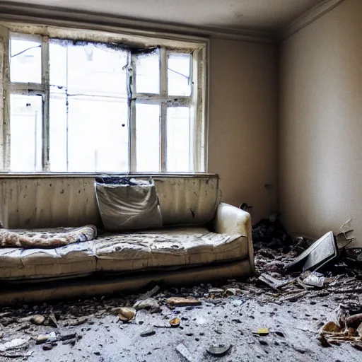 Prompt: Award winning photo of a living room of a flat abandoned 3 months ago, 4k, urban exploring, high quality