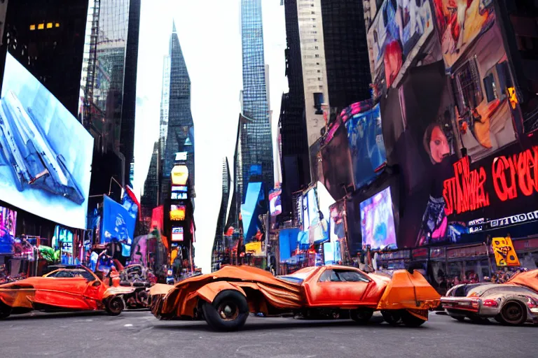 Prompt: Cinematography of a star wars pod racing in times square in new york by Emmanuek Lubensky. Sebulba pod. Anakin skywalker pod