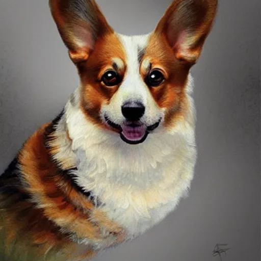 Image similar to a photograpic portrait of a corgi, fantasy, intricate, elegant, highly detailed, digital painting, artstation, concept art, smooth, sharp focus, illustration, art by artgerm and H R Giger and alphonse mucha