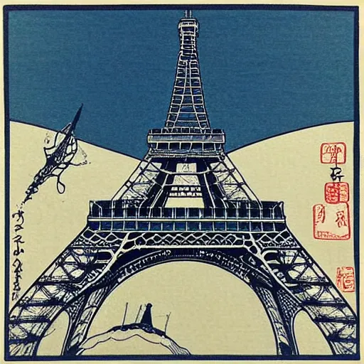 Prompt: eiffel “ tower in paris in the style of a woodblock print by the japanese ukiyo - e artist hokusai ”