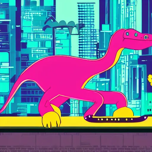 Image similar to a yellow dinosaur on a skateboard chasing a pink cat in a futuristic city, in the style of cyberpunk