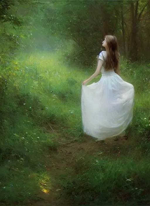 Image similar to A girl wearing a white skirt in the forest, by Vicente Romero Redondo