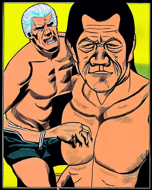 Image similar to incredible realistic antonio inoki vs ric flair, ( hyperreal detailed facial features and uv lighting, art by ed roth and basil wolverton )