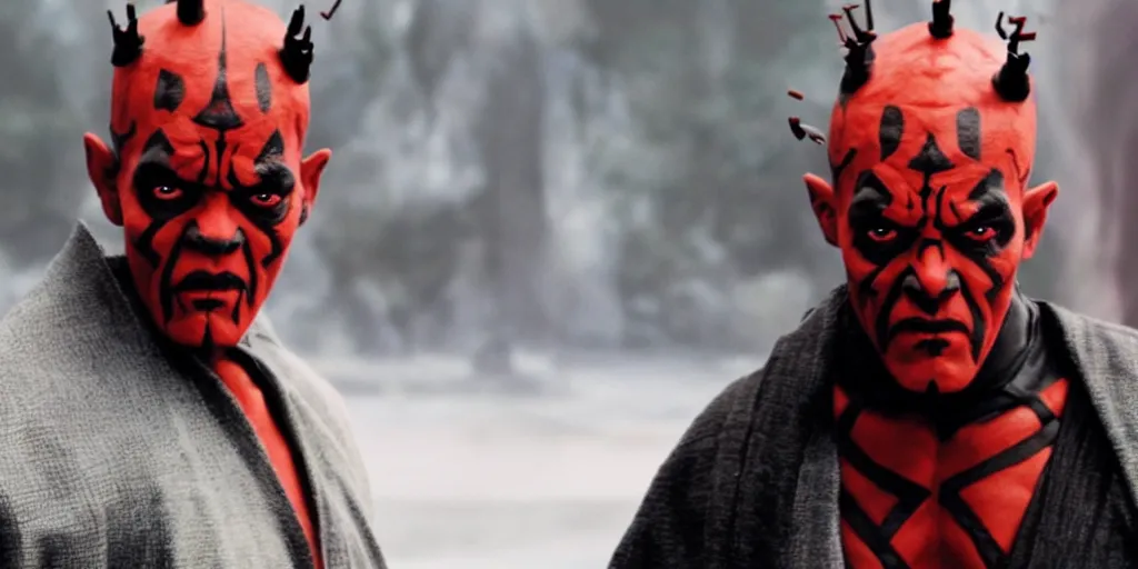 Image similar to a film still of samuel l. jackson starring in a blockbuster film as darth maul from star wars, shallow depth of field, cinematic, award winning cgi, vfx, film still