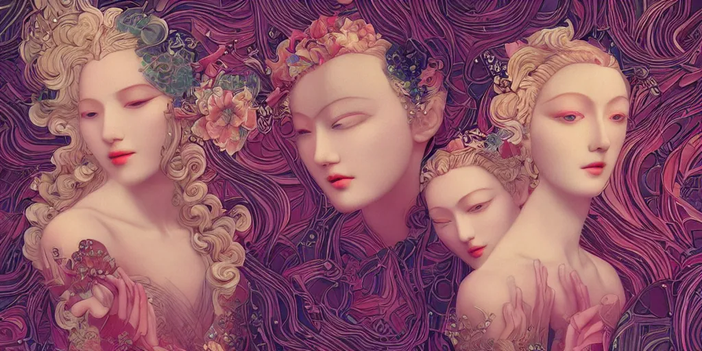 Image similar to breathtaking detailed concept art painting art deco pattern of blonde faces goddesses by hsiao - ron cheng, amalgamation flowers, bizarre compositions, kaleidoscope, exquisite detail, extremely moody lighting, 8 k