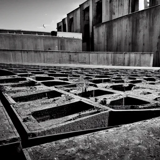 Image similar to a limbo world consisting of concrete uncanny brutalism and labyrinths of rubble and drainage grates, white sky, sand patches