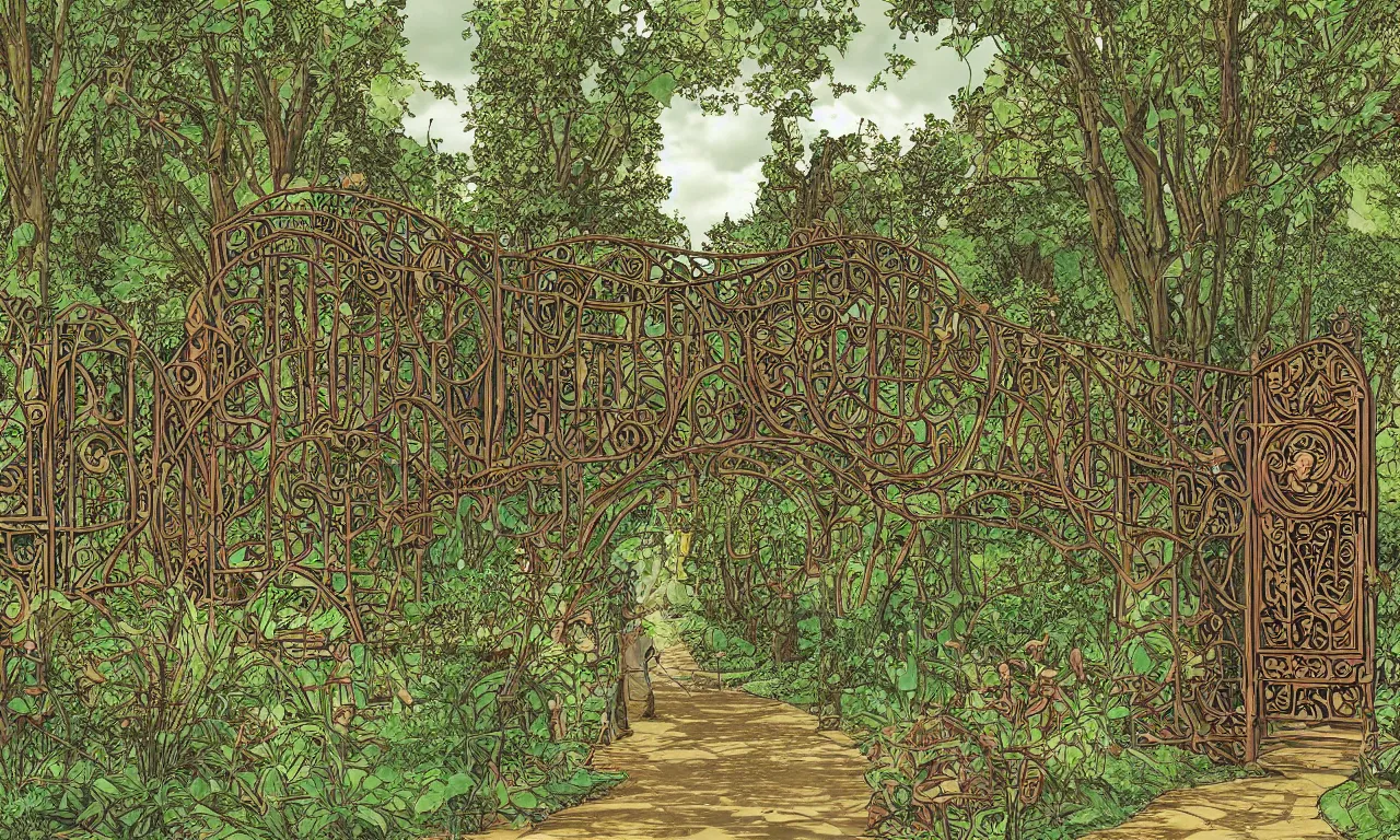 Prompt: An old gatekeeper standing in foreground of an art nouveau style English park maze ancient train pathways and walkers, digital art, perfect lighting