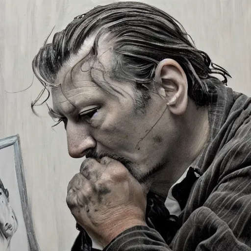 Image similar to lucian freud painting on depressed johnny depp