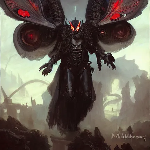 Prompt: mothman steampunk horror oil painting, Warhammer 40000, digital art from artstation by Ruan Jia and Mandy Jurgens and Artgerm and william-adolphe bouguereau