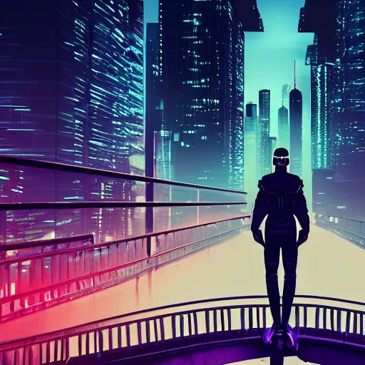 Image similar to a man standing on top of a bridge over a city, cyberpunk art by vincent lefevre, behance contest winner, altermodern, cityscape, synthwave, matte painting