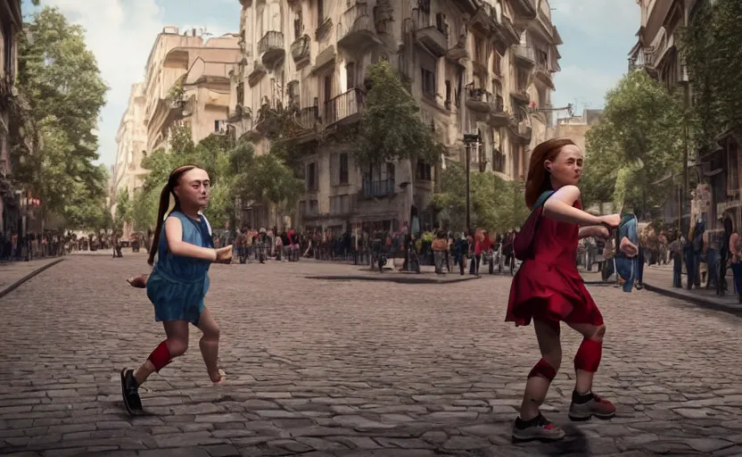 Image similar to greta thunberg running in san fermines, high details, cinematic, 8 k resolution, beautiful detailed, artstation trending, octane render, unreal engine